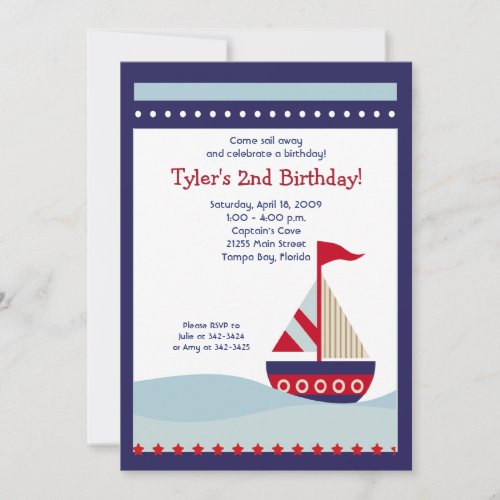 Little Sailboat Navy Boat Nautical Birthday 5x7 Custom Invitation