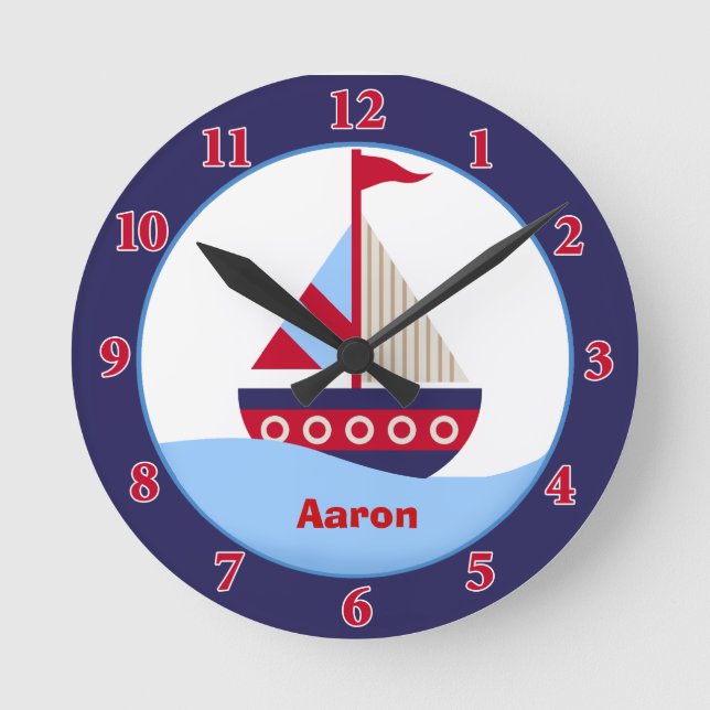 Little Sailboat Personalized Wall Clock (Navy) (Front)