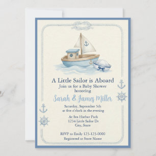 Little Sailor Aboard Blue Baby Shower Invitation
