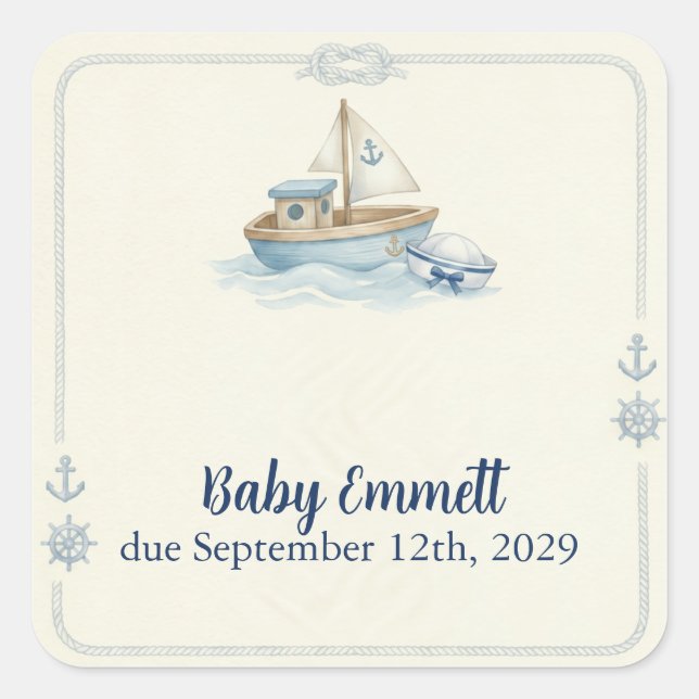 Little Sailor Aboard Blue Baby Shower Square Sticker (Front)
