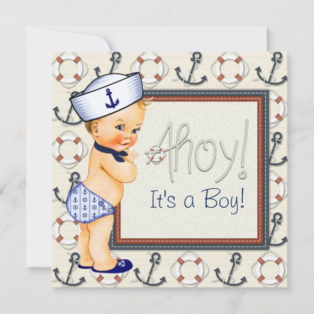 Little Sailor Boy Nautical Baby Shower Blonde Invitation (Front)