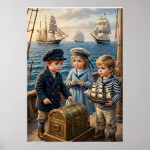 Little Sailor Children Discovering Treasure Chest Poster