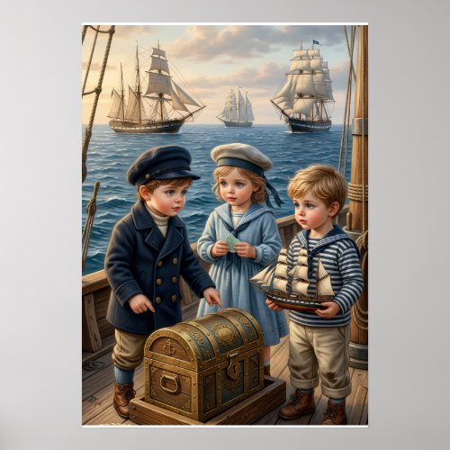 Little Sailor Children Discovering Treasure Chest Poster