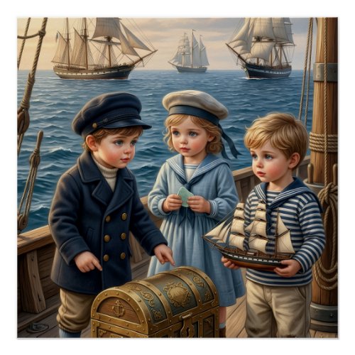 Little Sailor Children Discovering Treasure Chest Poster