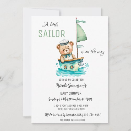 Little Sailor Nautical Bear Baby Shower Invitation