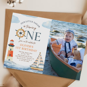 Little Sailor Nautical Blue 1st Birthday Photo Invitation