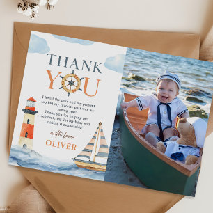 Little Sailor Nautical Blue 1st Birthday Photo Thank You Card
