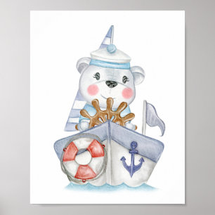 Little sailor polar teddy bear on a boat poster