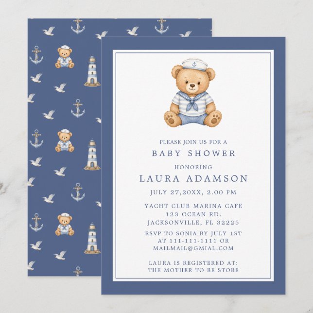 Little Sailor Teddy Bear Nautical Baby Shower Invitation (Front/Back)