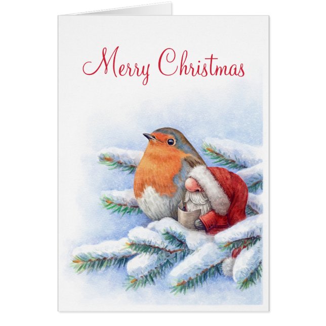 Little Santa with a red robin Cards (Front)