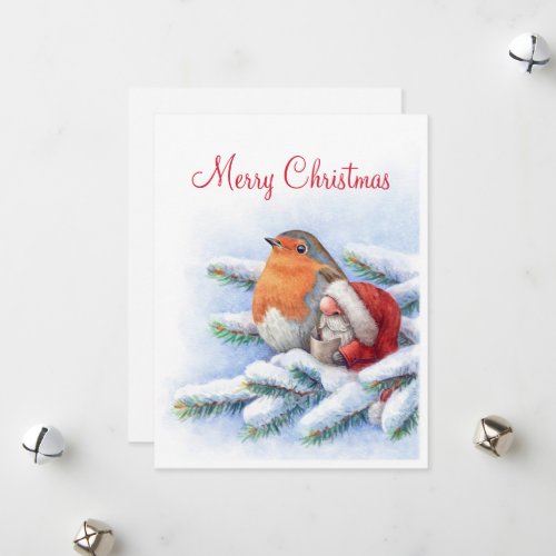 Little Santa with a red robin Holiday Card