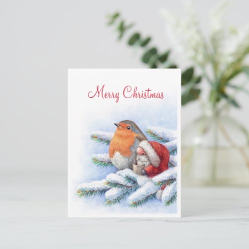 Little Santa with a red robin Postcard
