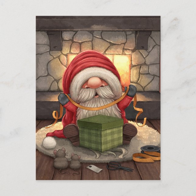Little Santa wrapping a gift Postcard (Front)