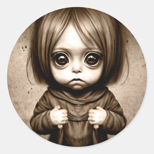 Little Scary Child with Big Eyes Chibi Classic Round Sticker (Front)