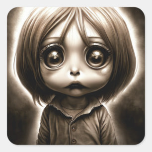 Little Scary Kid with Big Eyes Chibi Square Sticker