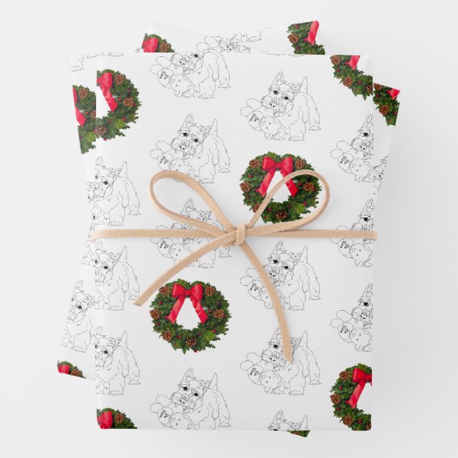 Little Scottie Dog with Christmas Wreath Wrapping Paper Sheets (In situ)