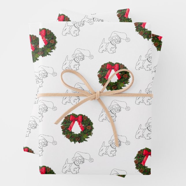 Little Scottie Dog with Christmas Wreath Wrapping Paper Sheets (In situ)