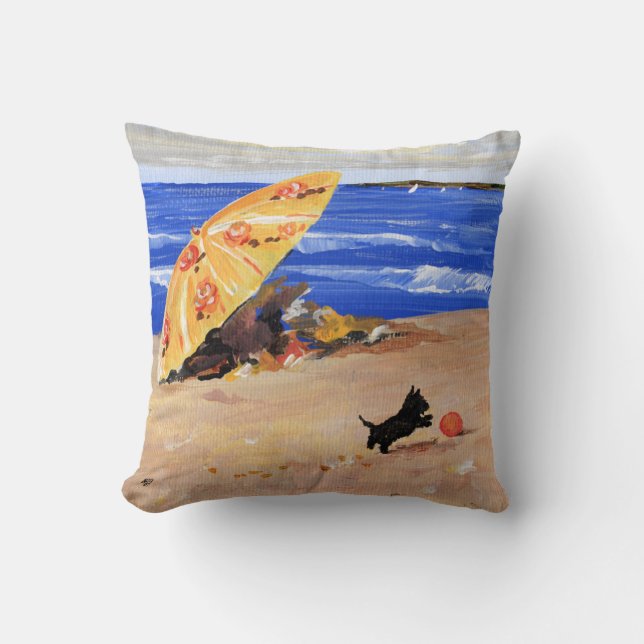 Little Scottie Playing at the Beach Throw Pillow (Front)