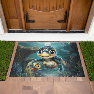 Little sea turtle exploring with her friend. doormat