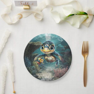 Little sea turtle exploring with her friend. paper plates