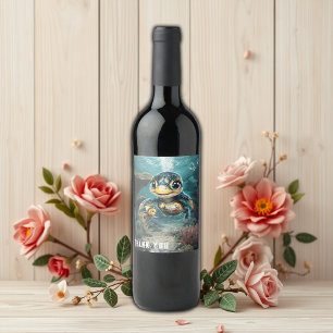 Little sea turtle exploring with her friend. wine label
