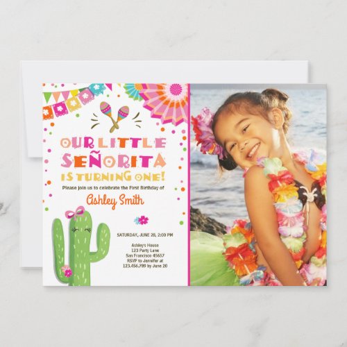 Little Senorita Fiesta Cactus Pink First Birthday Invitation