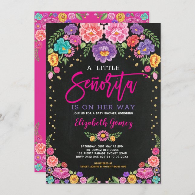 Little Senorita Floral Fiesta Girl Baby Shower Invitation (Front/Back)