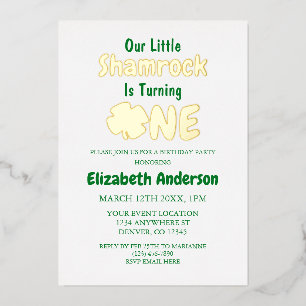 Little Shamrock 1st Birthday Foil Invitation