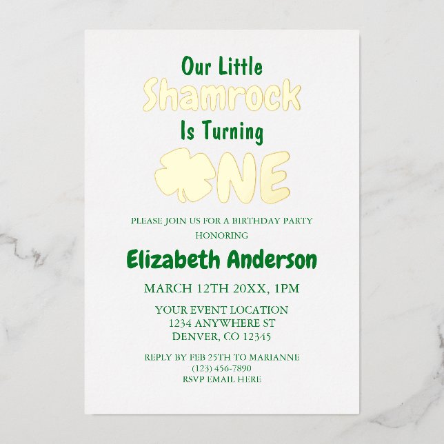 Little Shamrock 1st Birthday Foil Invitation (Front)