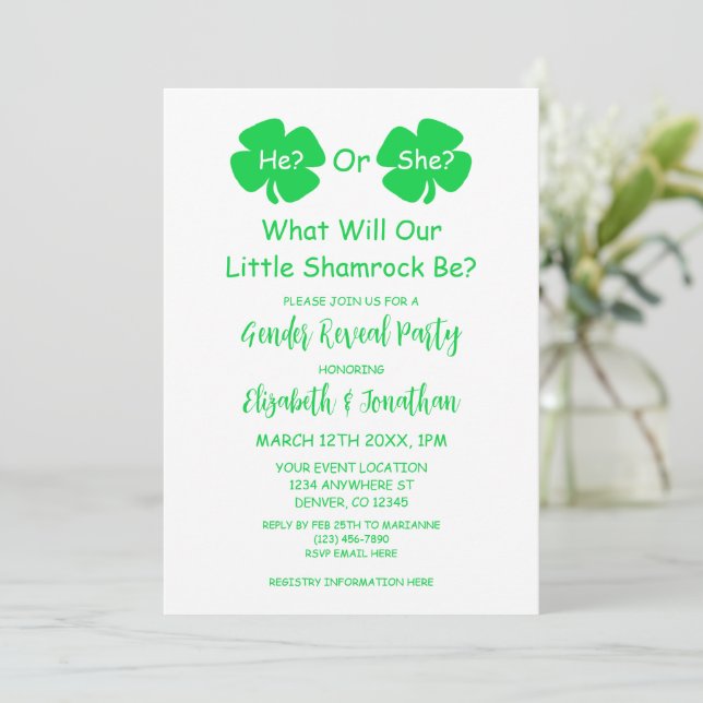 Little Shamrock Gender Reveal Invitation (Standing Front)