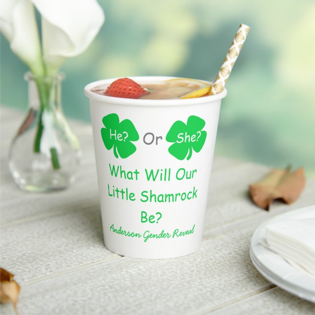 Little Shamrock Gender Reveal Paper Cups (Insitu)