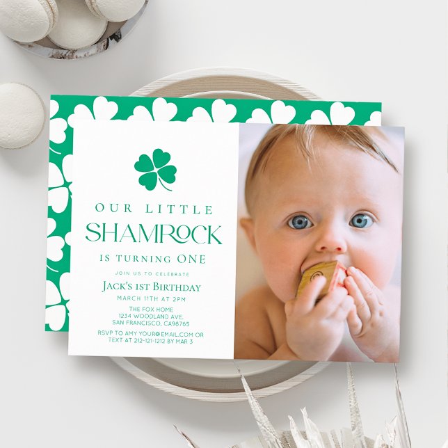 Little Shamrock Modern Boy Photo 1st Birthday Invitation (Creator Uploaded)