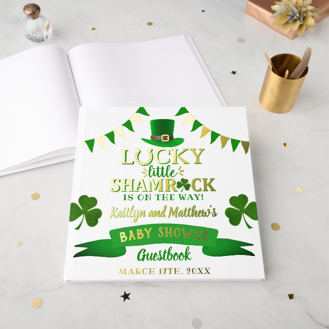 Little Shamrock St. Patrick's Day Baby Shower Foil Guest Book (Front Open)
