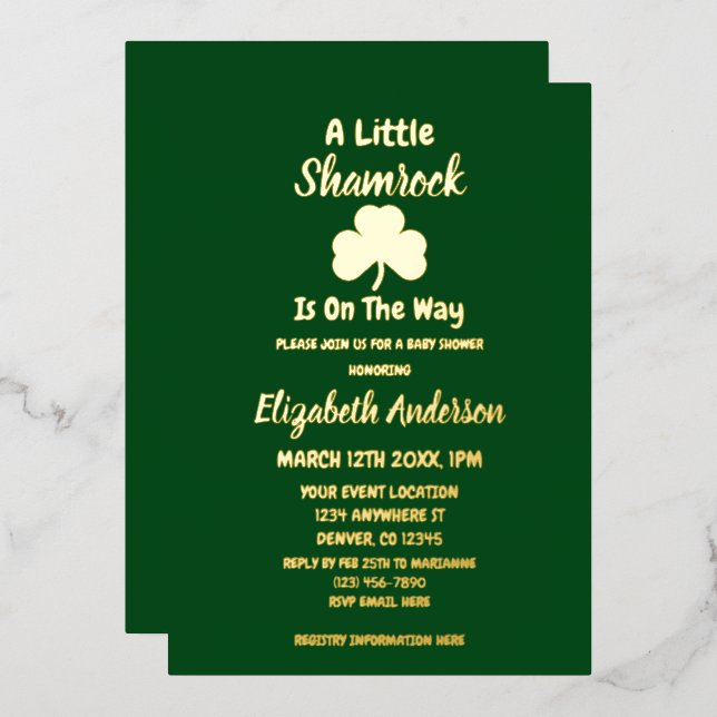 Little Shamrock St Patrick's Day Baby Shower Foil Invitation (Front/Back)