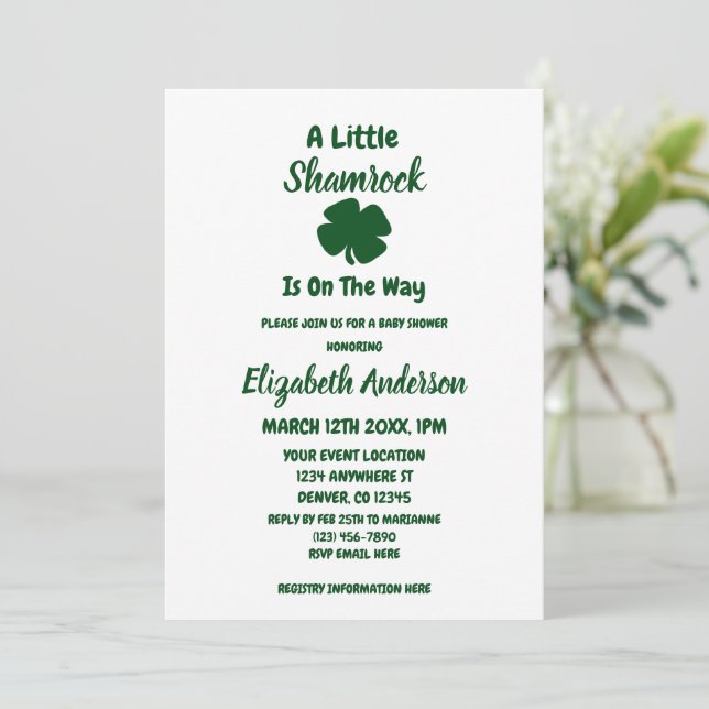 Little Shamrock St Patrick's Day Baby Shower Invitation (Standing Front)