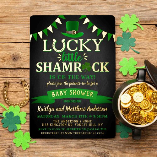 Little Shamrock St Patricks Day Baby Shower Real Foil Invitation