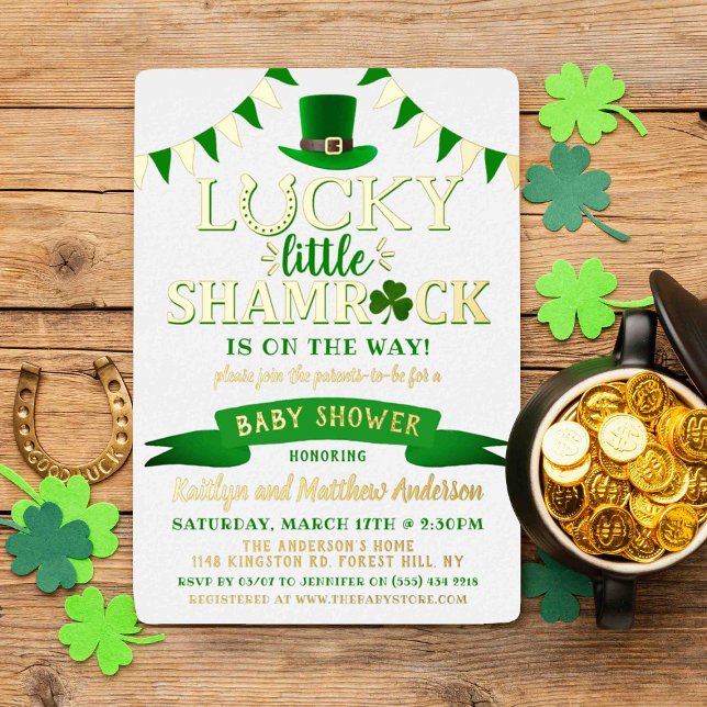 Little Shamrock St. Patrick's Day Baby Shower Real Foil Invitation (Creator Uploaded)