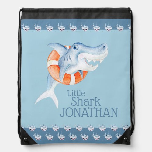 Little Shark blue lifesaver swimming custom name Drawstring Bag