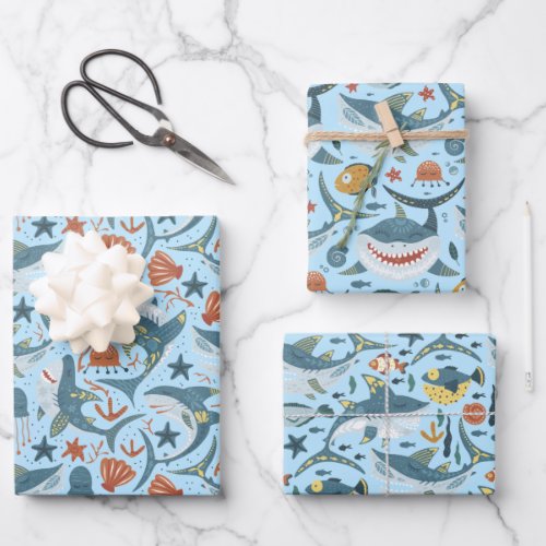 Little Shark First Second Third Birthday Favors Wrapping Paper Sheets