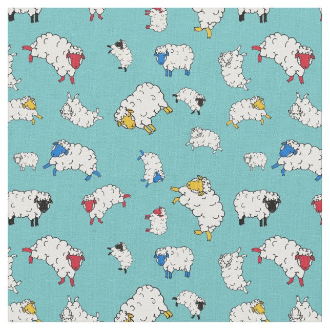 Little sheep, cute sheep different colors - blue fabric (Close Up)