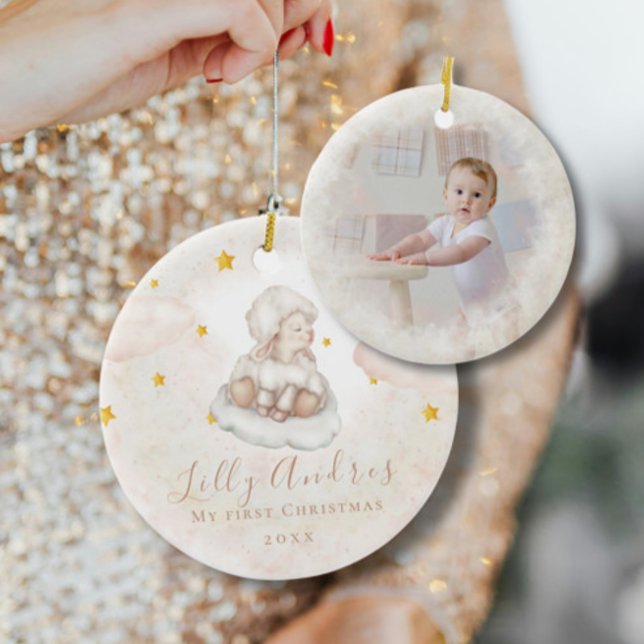 Little Sheep Lamb Dreamy star Baby First Christmas Ceramic Ornament (Creator Uploaded)