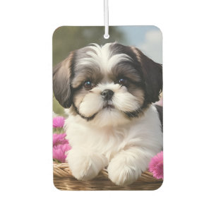 Little Shih Tzu Puppy Basket Flowers Air Freshener