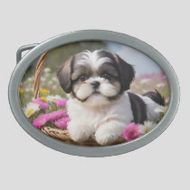 Little Shih Tzu Puppy Basket Flowers Belt Buckle