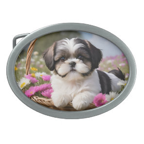 Little Shih Tzu Puppy Basket Flowers Belt Buckle