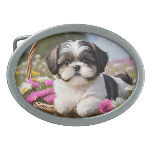 Little Shih Tzu Puppy Basket Flowers Belt Buckle