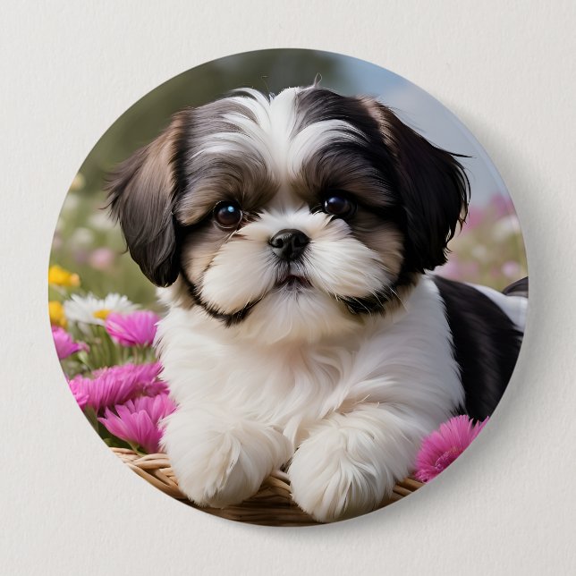 Little Shih Tzu Puppy Basket Flowers Button (Front)