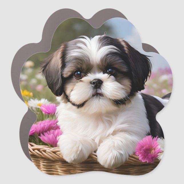 Little Shih Tzu Puppy Basket Flowers Car Magnet (Front)