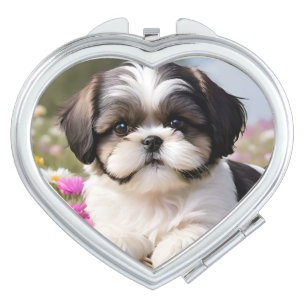 Little Shih Tzu Puppy Basket Flowers Compact Mirror