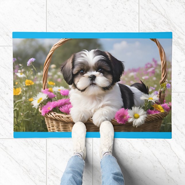 Little Shih Tzu Puppy Basket Flowers Doormat (Indoor)