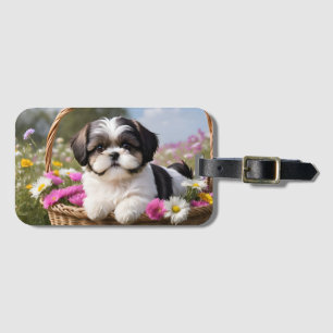 Little Shih Tzu Puppy Basket Flowers Luggage Tag